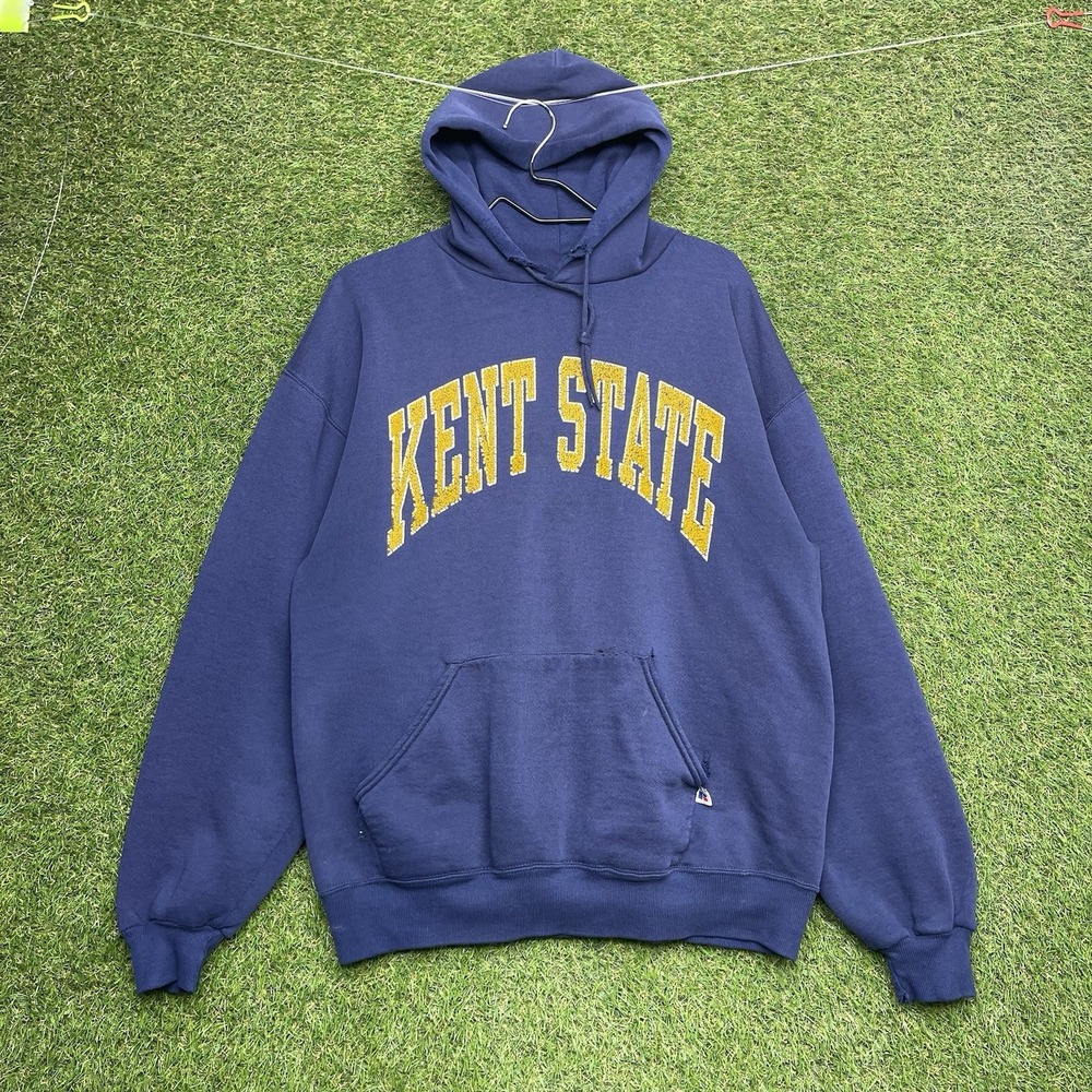 Vintage Russell Athletic Kent State University Hoodie Mens XL Blue Distressed